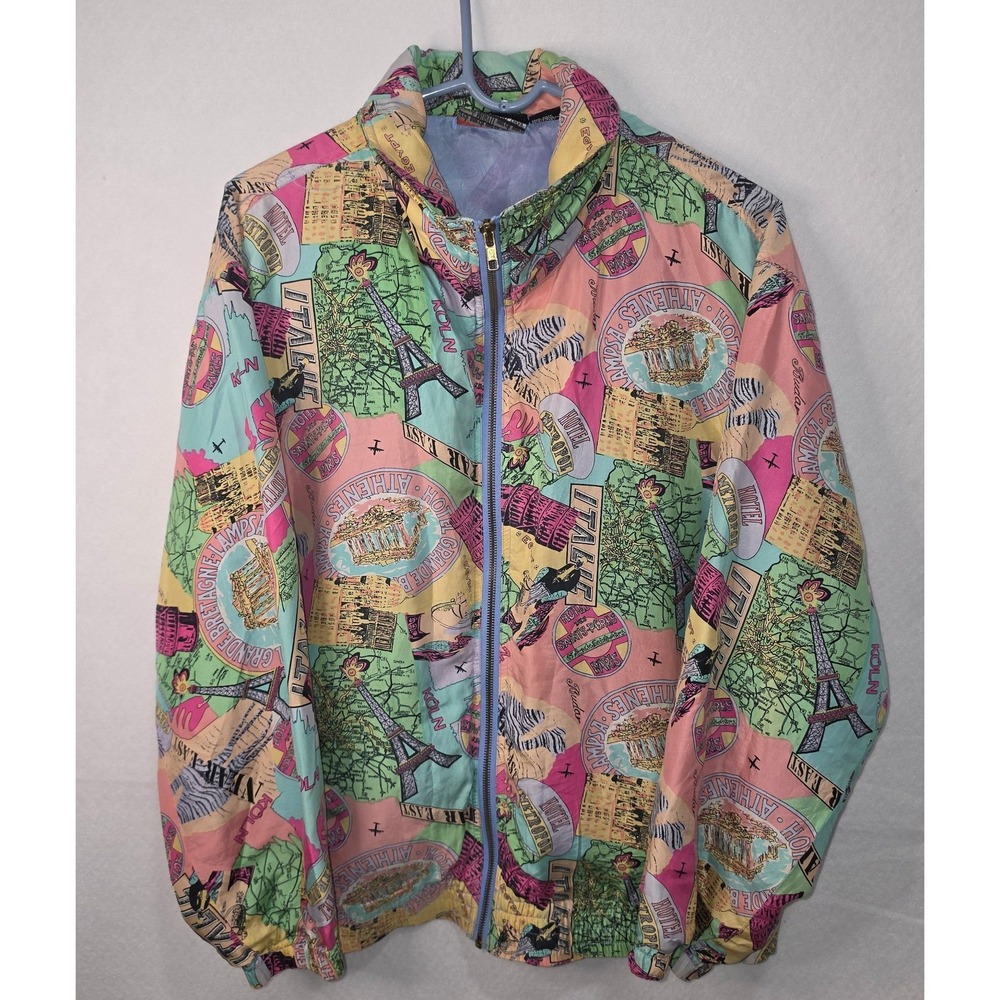 Vintage Mureli Silk Travel Print Bomber Jacket 90s Pastel Map Zip Up Medium